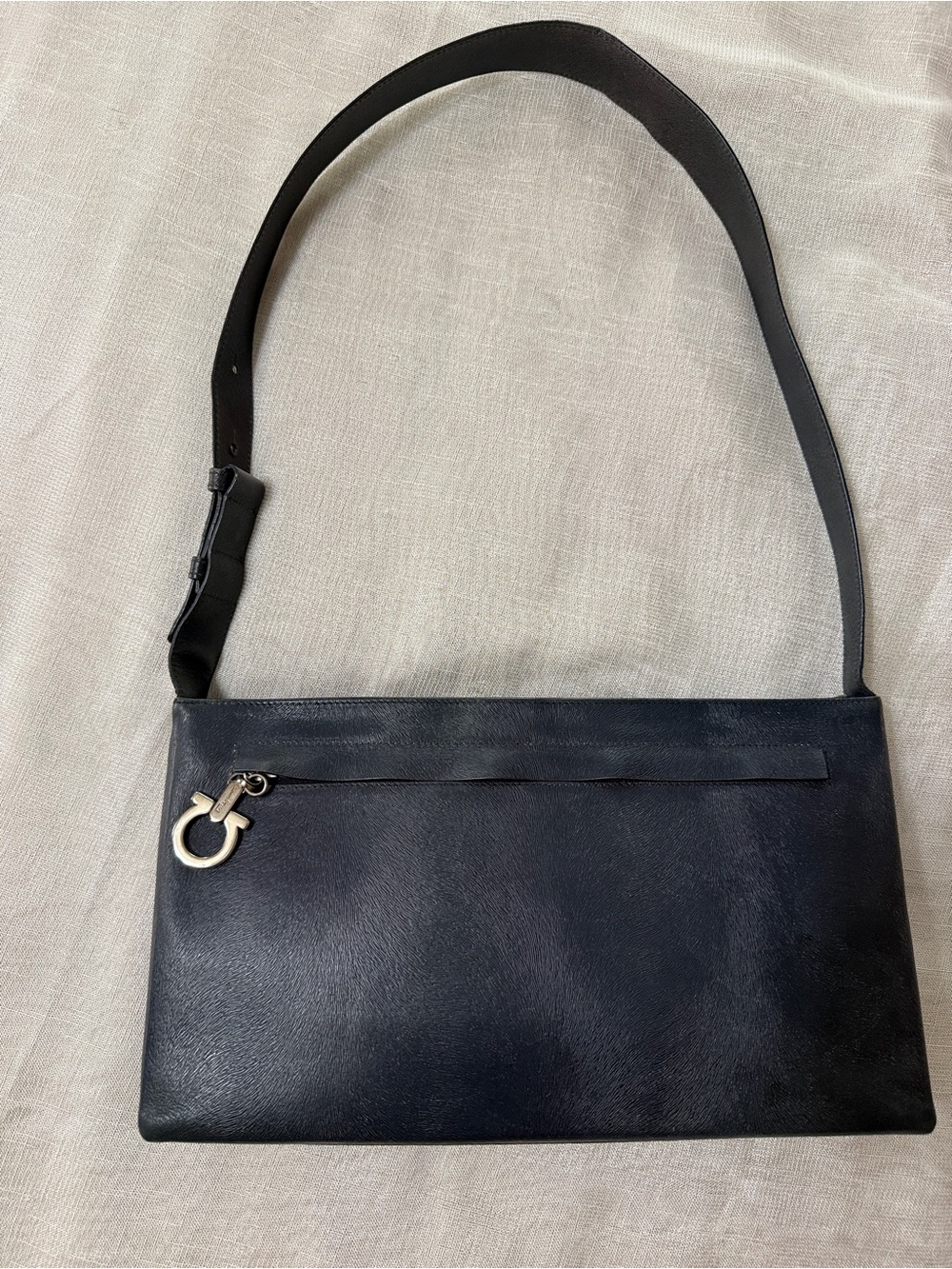 Vintage 90s Salvatore Ferragamo Navy Leather Shoulder Bag with Silver Hardware